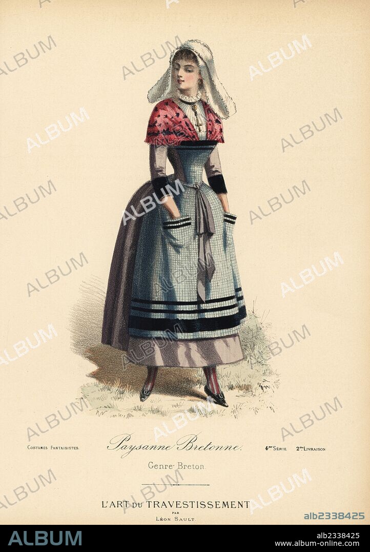 Fancy dress costume for a Brittany peasant girl, with linen bonnet, flowery shawl, silk apron with velvet trim, lilac dress. Handcoloured lithograph after a design by Leon Sault from "L'Art du Travestissement" (The Art of Fancy Dress), Paris, c.1880. Sault was a theatre and opera designer and luxury fashion magazine publisher.