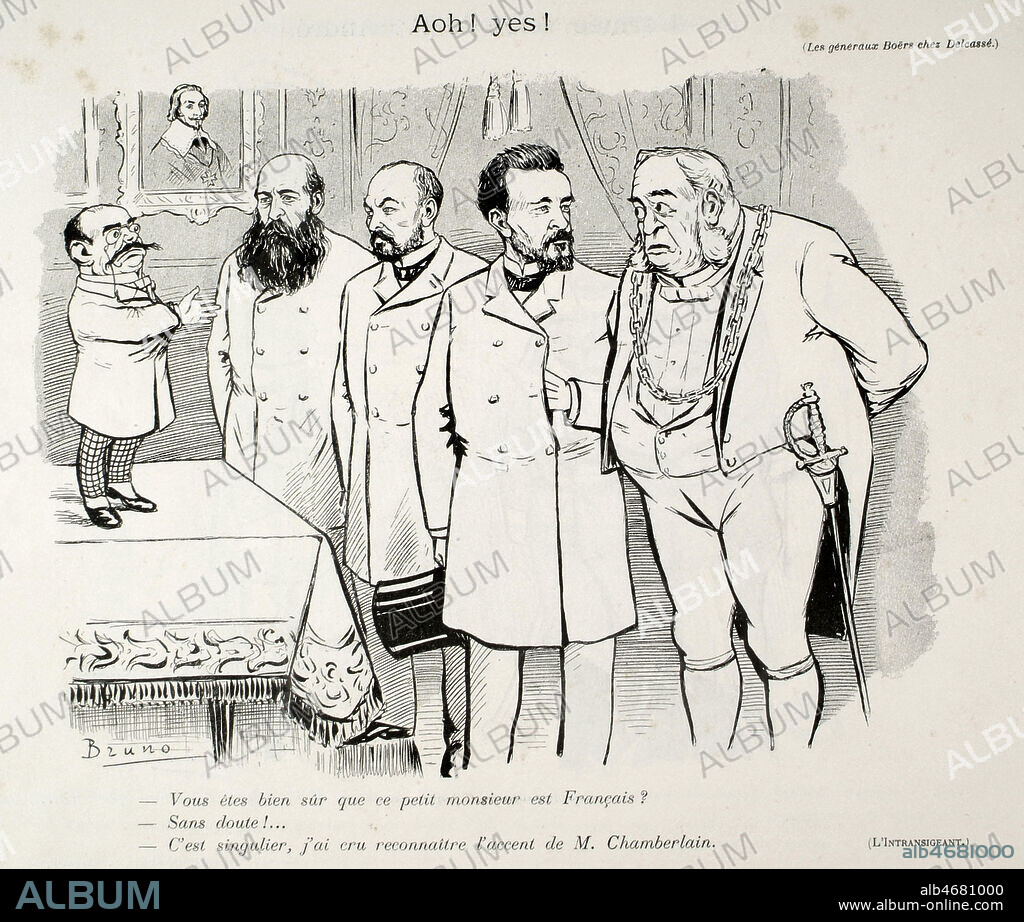 les generaux Boers chez DELCASSE. Vous etes sur que le petit monsieur est francais ?. Illustration de 1903 par Serge BRUNO pour Autour du Cabinet. Les gens du 'Bloc'. Credit : Coll. Dabecom/Kharbine-Tapabor.