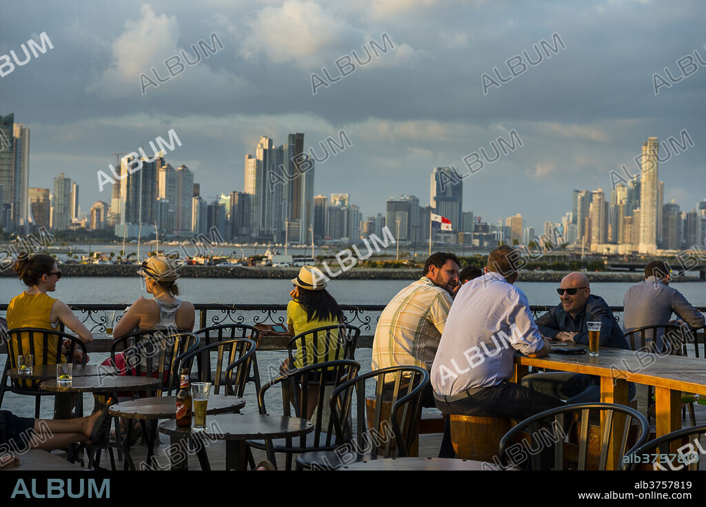 Bar in Casco Viejo overlooking the skyline of Panama City, Panama, Central America.