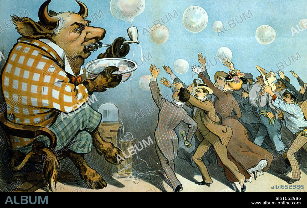 Wall Street bubbles: - Always the same'. J. Pierpont Morgan (1837-1913) American financier as a bull blowing bubbles of 'inflated values', for which a group of people are eagerly reach. From 'Puck', New York 1901. Telegraph Ticker-tape.