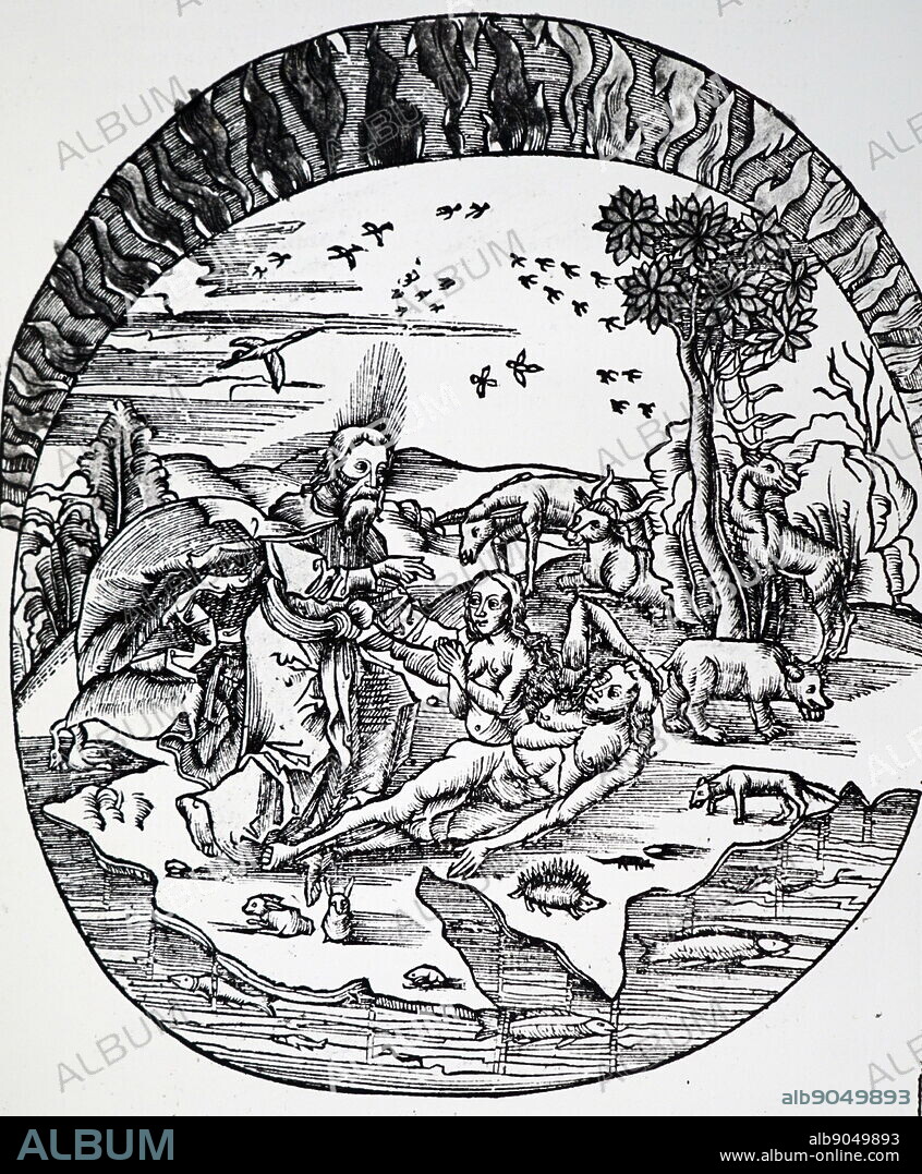 Thale's concept of the flat Earth floating on water. Above them, air and fire complete the four Greek elements, while on the Earth, God creates Eve from the sleeping Adam. From Gregor Reisch Margarita Philosophica, Basle, 1508.