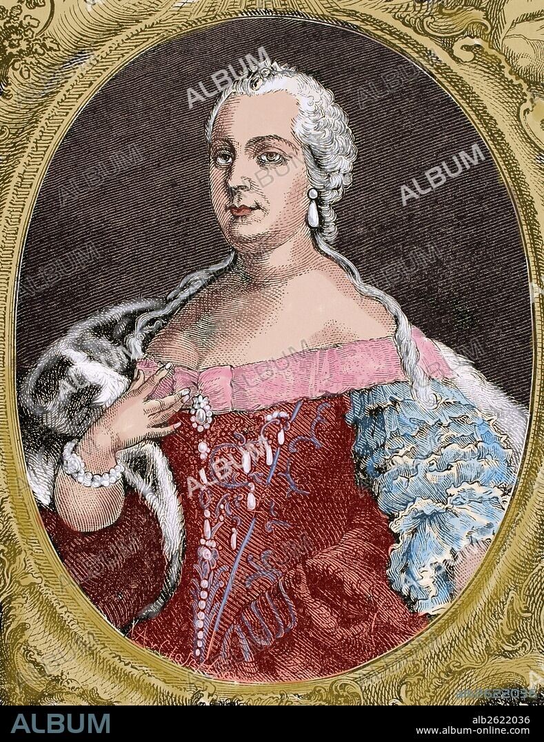 MARIA TERESA DE AUSTRIA (Viena,1717-Viena,1780). Archiduquesa de Austria, emperatriz de Alemania (1740-1780), reina de Hungría (desde 1741) y de Bohemia (desde 1743), primogénita de Carlos VI. Retrato. Grabado coloreado de "Germania", año 1882. Detalle.