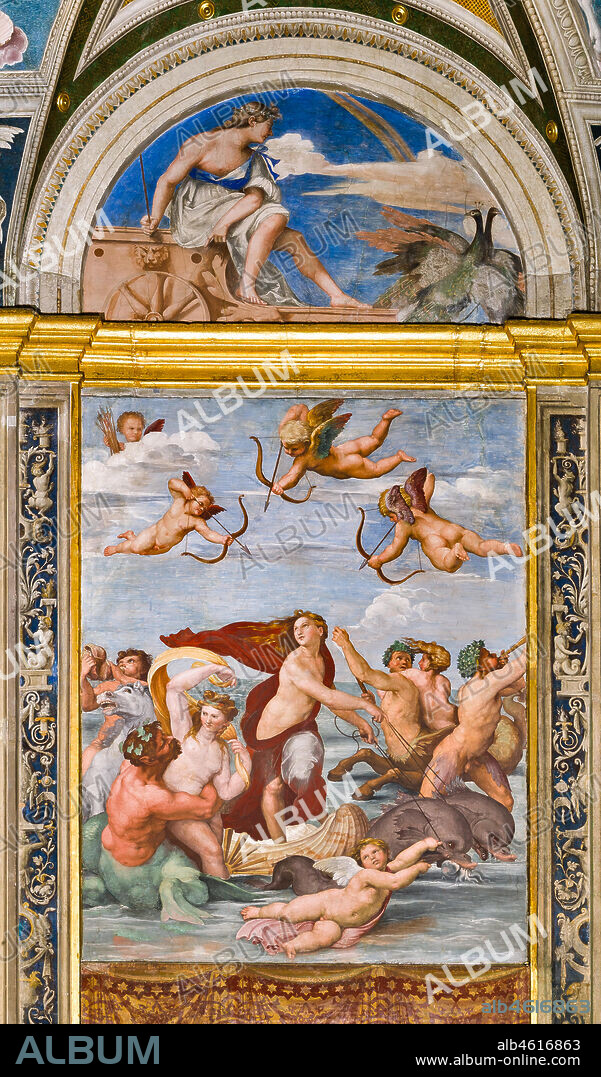 Rome, Villa Farnesina, the Loggia of Galatea: . "The Triumph of Galatea", by Raphael (1513 - 4). Galatea was the beautiful nymph whom Raphael depicted amongst a throng of sea creatures as she speeds away from her admirer on a fantastical shell drawn by dolphins.. In the upper lunette: Juno on a charriot pulled by peacocks. Fresco by Sebastiano del Piombo (1511-12).
