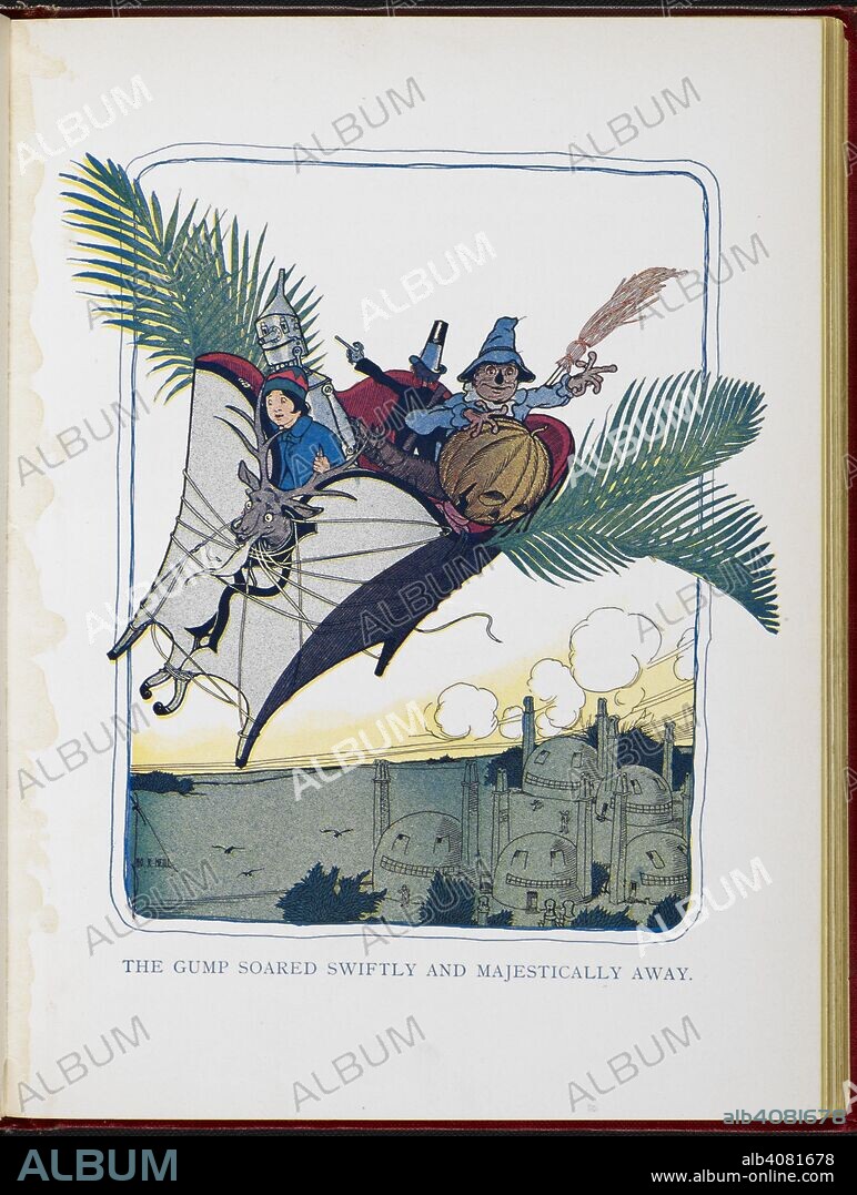 LYMAN FRANK BAUM and JOHN R. NEILL. The Gump soared swiftly and majestically away. Tip, Jack Pumpkinhead, Tin Woodman and the Scarecrow being carried though the sky by the Gump. The Marvelous Land of Oz. Being an account of the further adventures of the Scarecrow and Tin Woodman ... A sequel to the Wizard of Oz ... Pictured by John R. Neill, etc. London : F. H. Revell Co., 1904. Source: 12812.aa.46 opposite page 20.