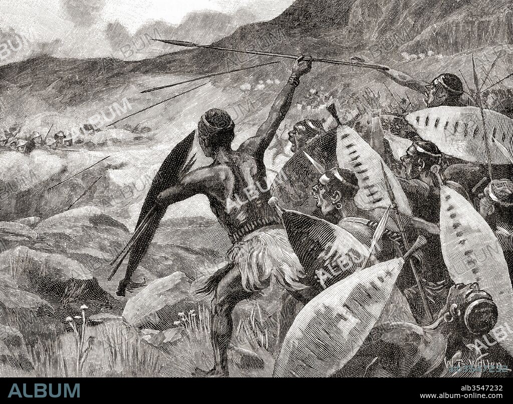 Charge of the Ndebele warriors in the Matoppo Hills, South Africa during The Second Matabele War, aka The Matabeleland Rebellion in 1896. From The Century Edition of Cassell's History of England, published c. 1900.