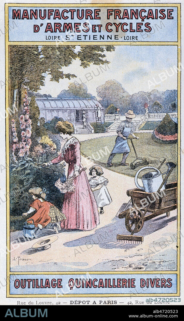 Couverture du catalogue 'outillage et de quincaillerie ' de la Manufacture francaise d'armes et cycles de St Etienne, vers 1900 1910, illustree par TRIANON. Credit : Collection KHARBINE-TAPABOR.