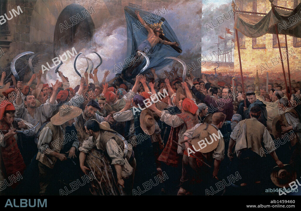 ANTONI ESTRUCH I BROS. "CORPUS DE SANG" o (ELS SEGADORS). Pintura alusiva al día de Corpus de 1640, en que un grupo de segadores se sublevaron contra las tropas reales y el Virrey de Catalunya y ministro de Felipe IV, por la negativa de la población catalana a alojar tropas de la Corona Española y aceptar la "Unión de Armas", propuesta por el Conde Duque de Olivares. El estallido del motín, fue el inicio de la guerra separatista. Oleo de Antoni ESTRUCH,1907. Museo Municipal de Arte de Sabadell.