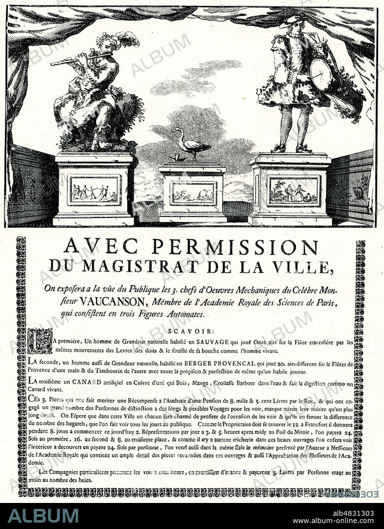 Affiche destinee a presenter au public les automates de Vaucanson (18e, XVIIIe s). Le joueur de flute, le canard et le joueur de tambourin - fac-simile. Illustration tiree de la revue La Nature du 17 juin 1905. Credit : Collection KHARBINE-TAPABOR.