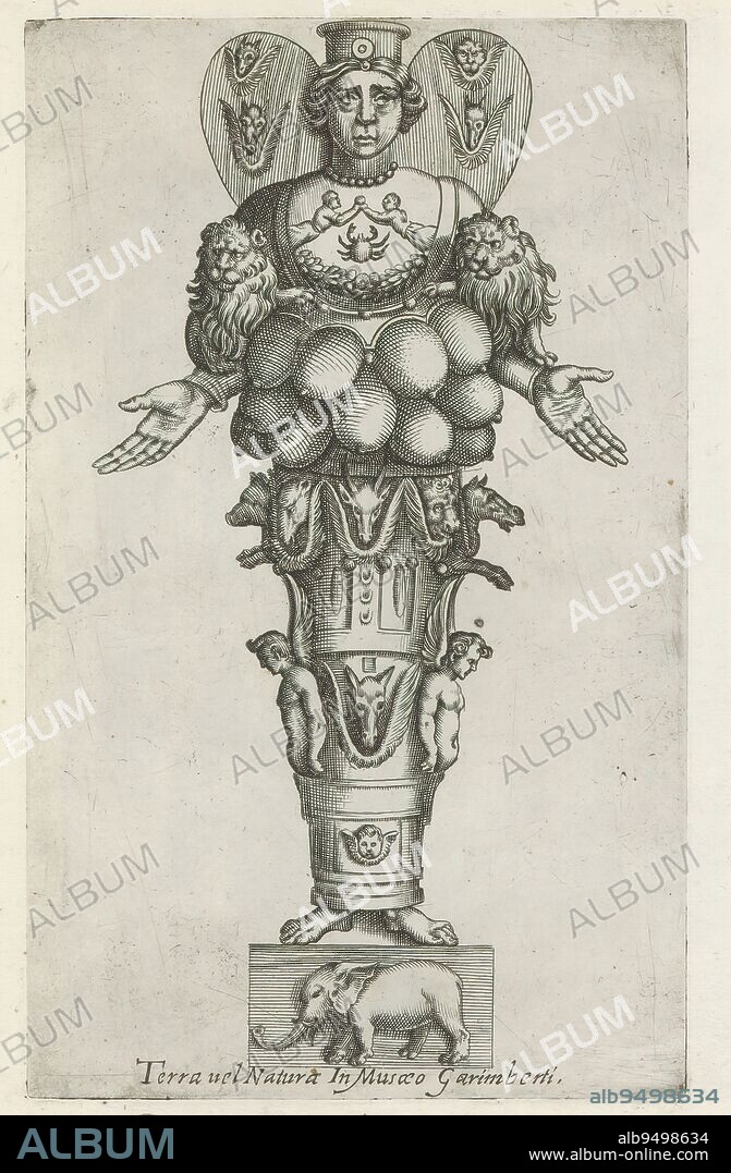 Sculpture of a fertility goddess with many breasts, Sculptures of Antiquity (series title), Sculpture of a fertility goddess with many breasts. On her arms are two small lions. Around her waist is a circle with heads of wild animals. At the height of her knees are winged figures. She is standing on a block with a representation of an elephant. Caption in Latin. Print is part of an album., print maker: anonymous, Italy, 1600 - 1699, paper, etching, engraving, height 222 mm × width 135 mm.