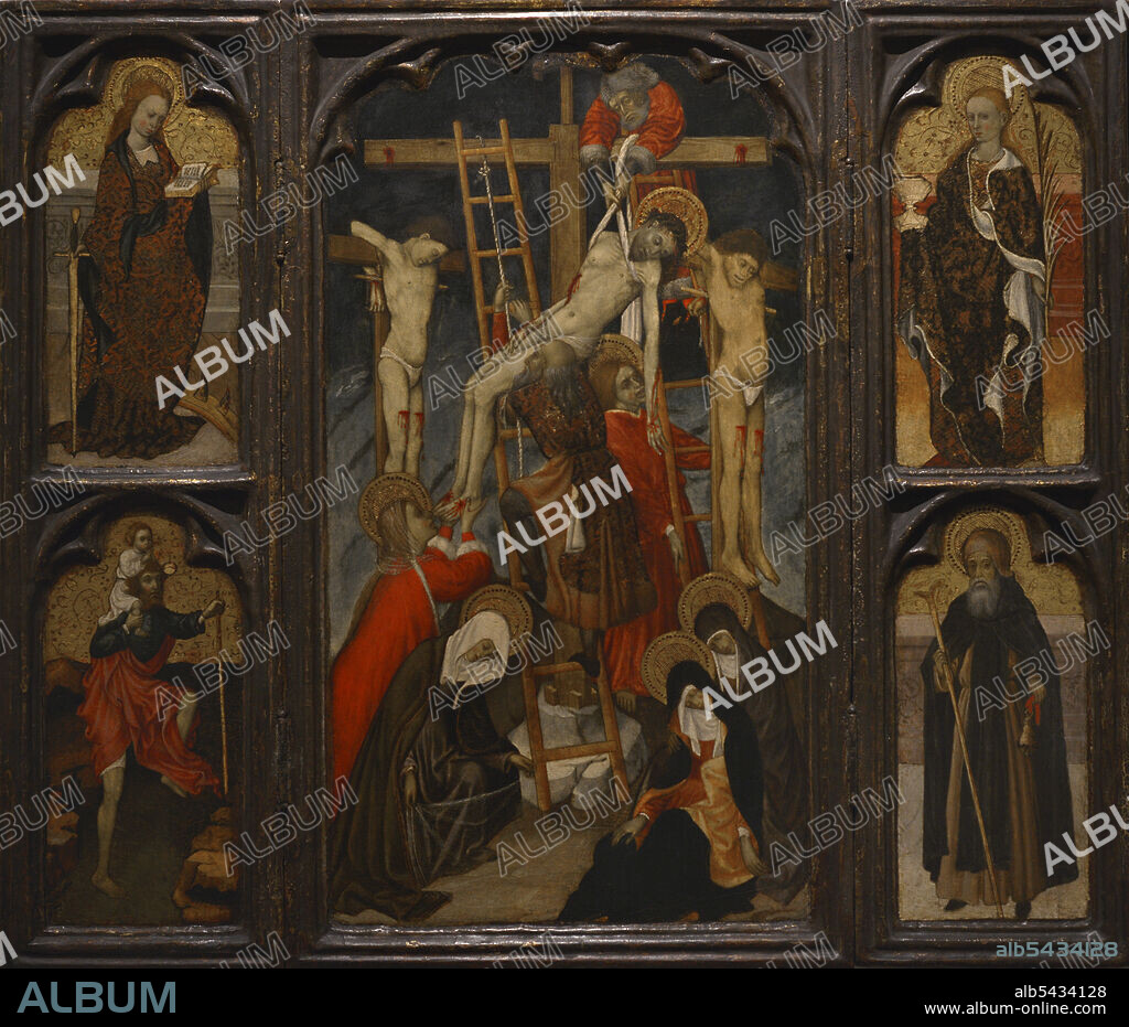 BERNARDO MARTORELL (1390-1452). CATALAN PAINTER (BARCELONA y FL.1427-1452).. Bernardo Martorell (1390-1452). Pintor catalán, activo en Barcelona entre 1427 y 1452. Tríptico del Descendimiento de la Cruz. Santa Catalina y San Cristóbal (panel lateral izquierdo). Una mártir y San Antonio (panel lateral derecho), h. 1440-1445. Témpera sobre tabla. Museo Nacional de Arte Antiguo. Lisboa. Portugal.
