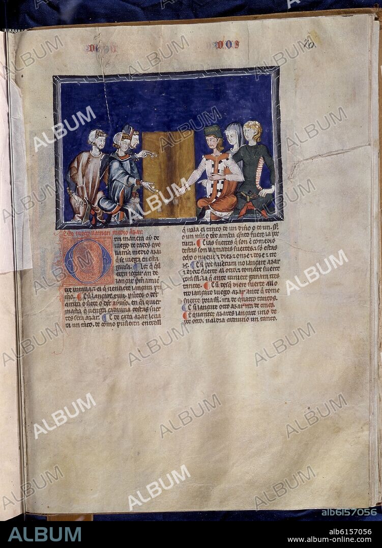 ALFONSO X EL SABIO (1221-1284). LIBRO DE JUEGOS O LIBRO DEL AJEDREZ DADOS Y TABLAS - 1283 - FOLIO 70R - JUGADORES JUGANDO AL JUEGO DEL MEDIO AZAR - MANUSCRITO GOTICO.