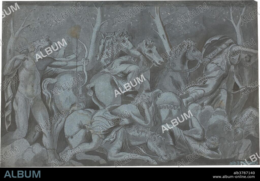 ANÓNIMO. Anónimo (Copia Polidoro da Caravaggio) / 'Apolo disparando sus flechas a los hijos de Niobe'. Siglo XVIII. Aguada, Pluma, Tinta agrisada sobre papel azulado, 298 x 465 mm.