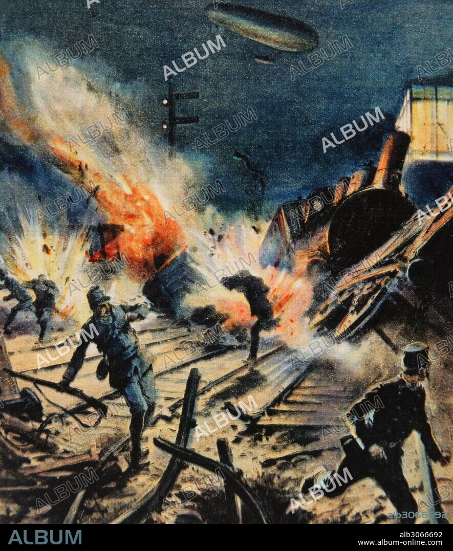 PRIMERA GUERRA MUNDIAL (1914-1918). Primer bombardeo de un dirigible italiano sobre la estacion de Divaccia 16 de junio de 1917. Dibujo por A. Beltrame. "La Domenica del Corriere", 1917.