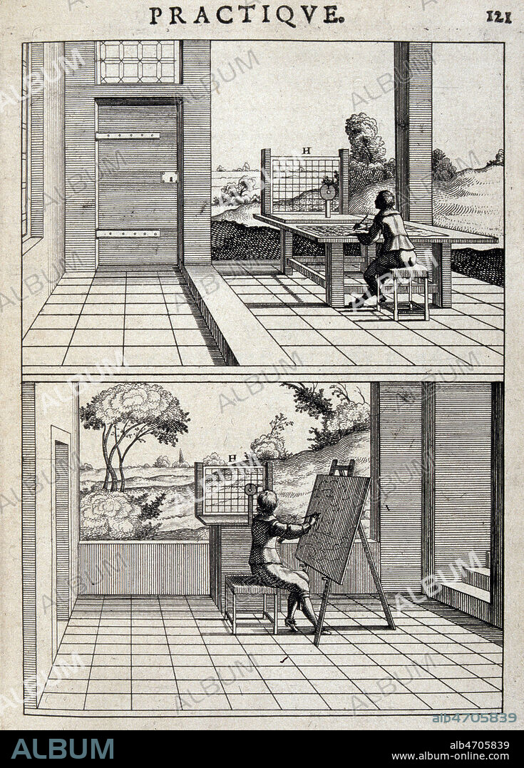 Instrument utilise par un peintre pour dessiner en perspective. Illustration tiree de l'ouvrage de DUBREUIL (1602-1670) 'La perspective pratique', publie en 1642. (17e, 17eme, XVIIe s.) Credit : JEAN VIGNE / KHARBINE-TAPABOR.