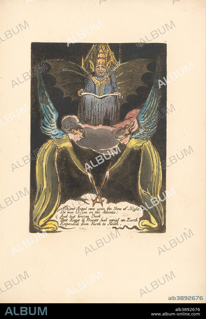 WILLIAM BLAKE. Europe. A Prophecy, Plate 12, "Albions Angel rose . . . . "  (Bentley 14). Date/Period: 1794. Print. Brown print, pen, black ink and oil  on cream-colored pap - Album alb3892676