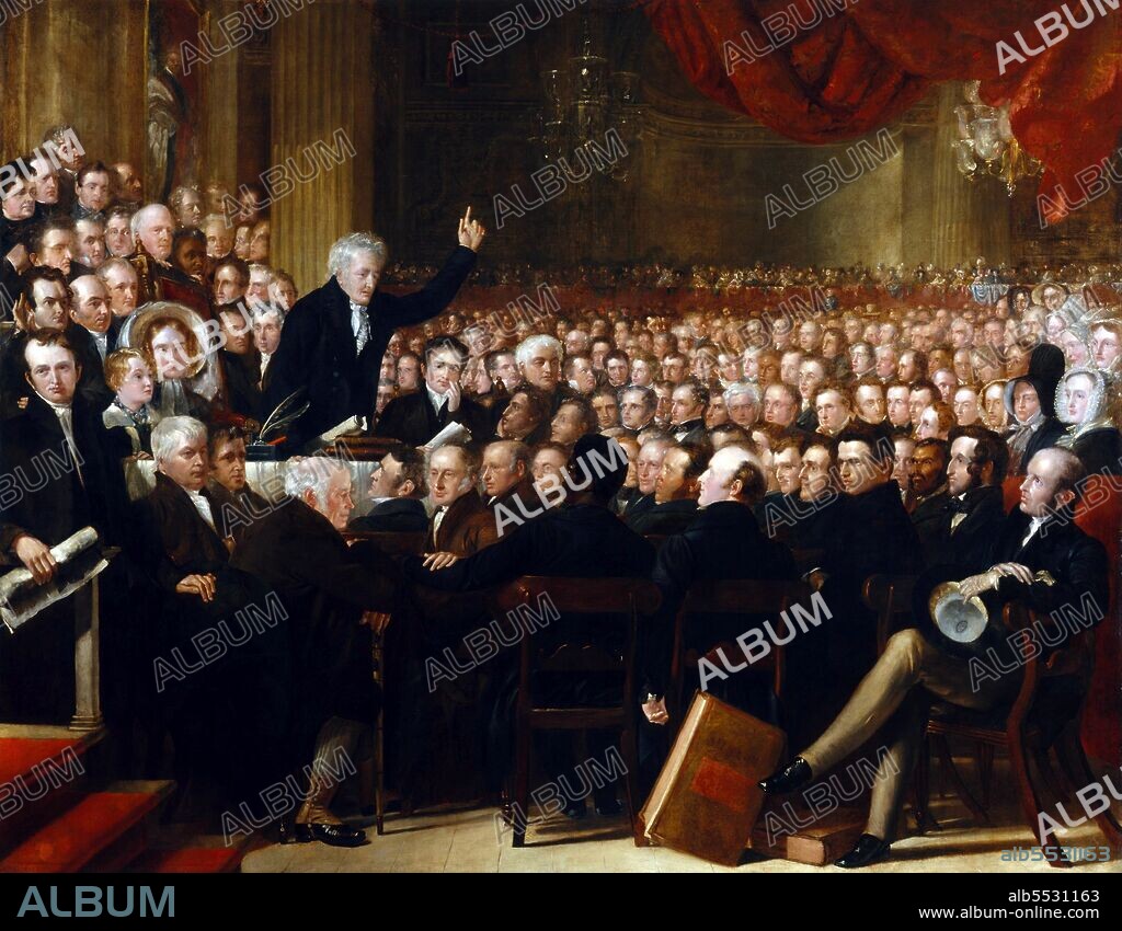 The Society for the Abolition of the Slave Trade was principally a Quaker society founded in the eighteenth century by Thomas Clarkson. The slave trade had been abolished throughout the British Empire in 1807. In August 1833 the British government passed the Slavery Abolition Act, advocated by William Wilberforce, which abolished slavery in the British Empire from August 1834, when some 800,000 people in the British empire became free. This monumental painting records the 1840 convention of the British and Foreign Anti-Slavery Society which was established to promote worldwide abolition. A frail and elderly Thomas Clarkson addresses a meeting of over 500 delegates.