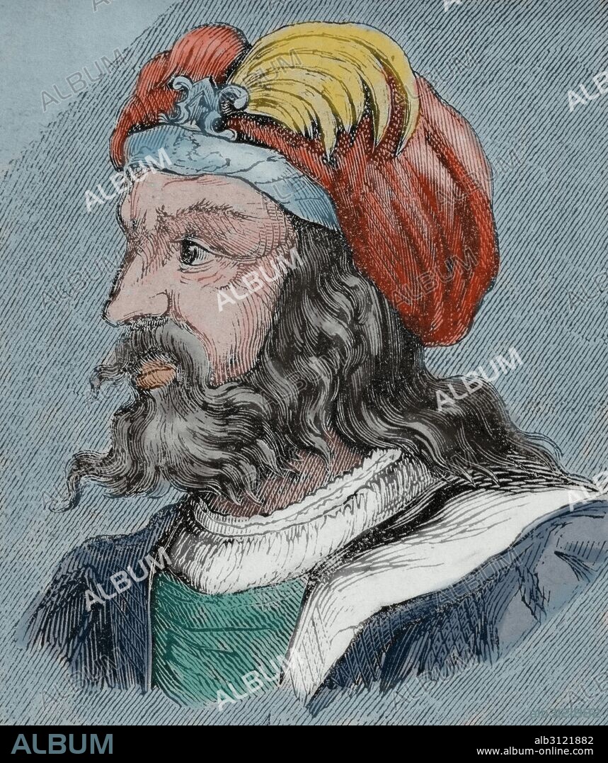 Euric (c. 440- 484). Ruled as king of the Visigoths, with his capital at Toulouse, from 466 until his death in 484. Portrait. Engraving. Colored.
