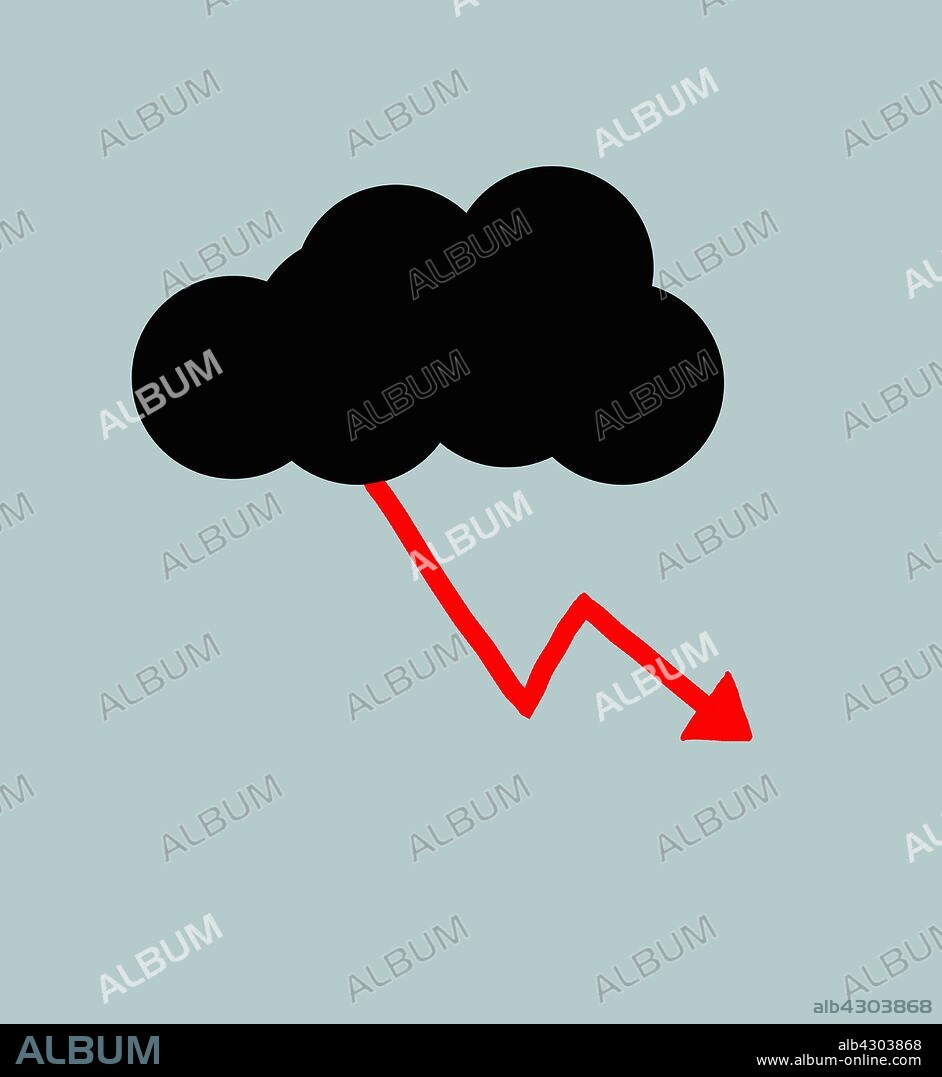 Red line graph lightning arrow descending from black cloud.