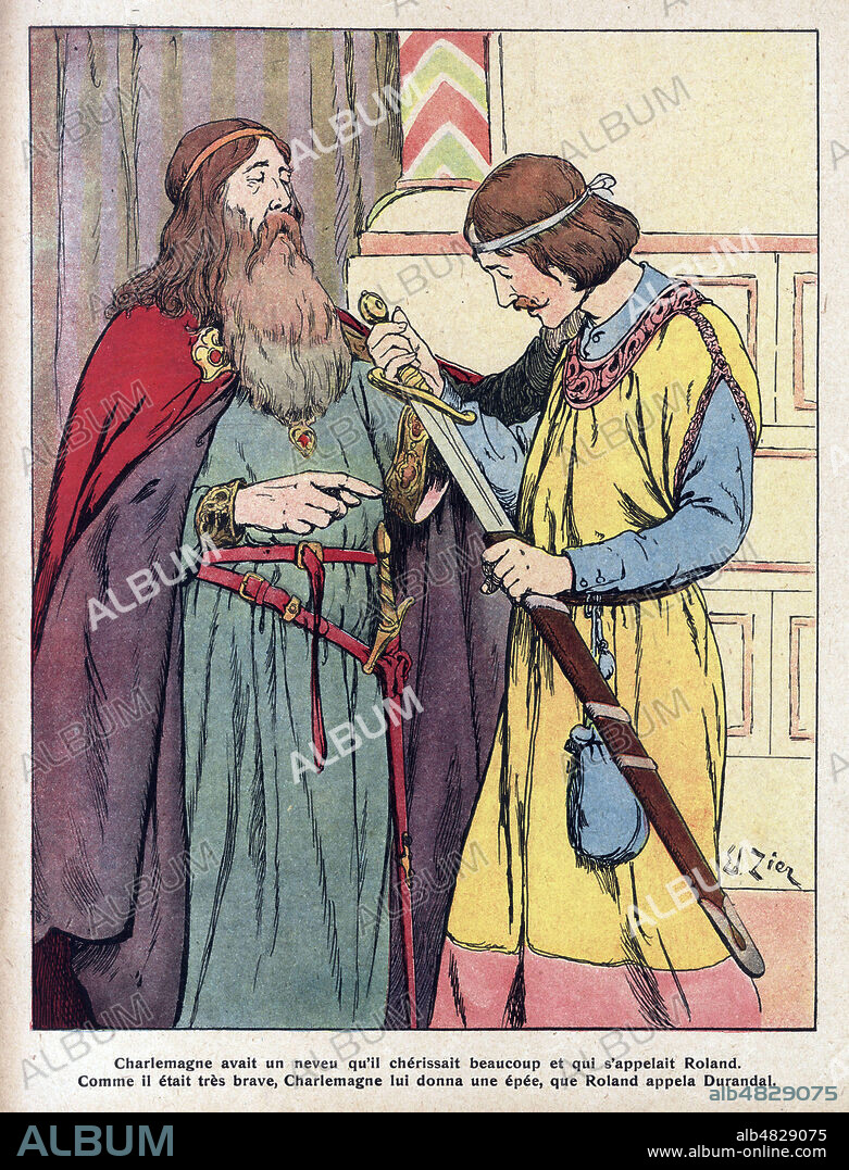 CHARLEMAGNE (742-814) avait un neveu ROLAND. Comme il etait tres brave, il lui donna une epee, que ROLAND appela Durandal. Illustration vers 1920 de Edouard ZIER (1866-1924) pour Charlemagne et Roland pour Les Gloires nationales. Credit : Collection Grob/Kharbine-Tapabor.