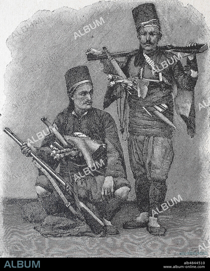 bashi-bazouk, irregular soldier of the Ottoman army, raised in times of war. Türkische Baschibosuks, Basi Bozuk, irreguläre Truppen des Osmanischen Reiches, digital improved reproduction of an original print from the year 1881.