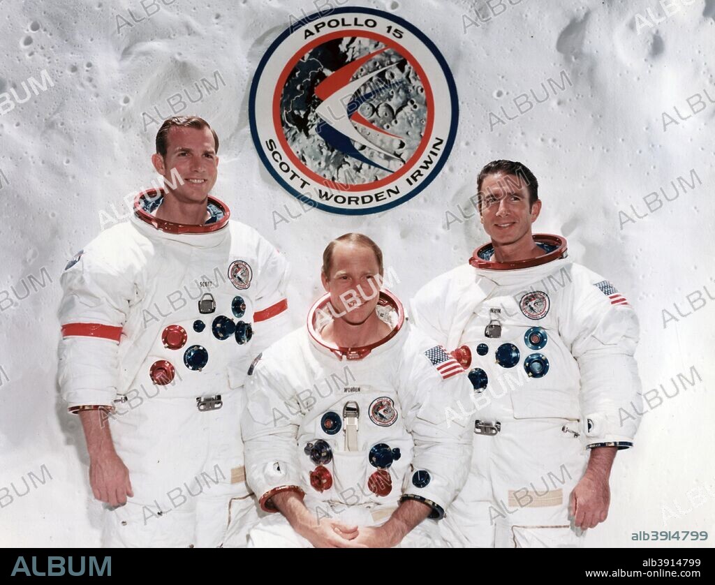 The crew of the Apollo 15 lunar mission at the Manned Spacecraft Centre, Houston, Texas, 1971. From left to right: David R. Scott (mission commander), Alfred M. Worden (Command Module pilot) and James B. Irwin (Lunar Module pilot).