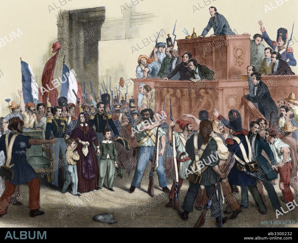 REVOLUCION LIBERAL DE 1848. FRANCIA. Levantamiento popular de estudiantes, trabajadores y Guardia Nacional para forzar la abdicación del rey Luis Felipe I de Orleans y proclamar la II República (Jornadas del 22 al 24 de febrero). "ASAMBLEA NACIONAL INVADIDA POR EL PUEBLO, EL 24 DE FEBRERO DE 1848". Grabado de la época. Coloreado.
