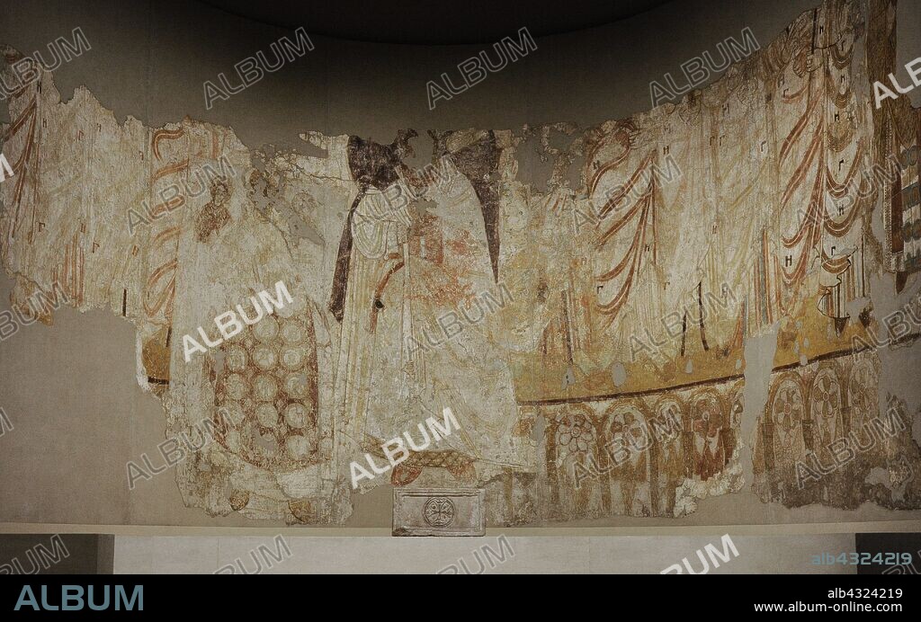 Catedral de Faras. Pintural mural del ábside con la representación de la Virgen María con el Niño flanqueada por los doce apóstoles, gobernantes Nubios y un obispo. Siglos VIII-XIII. Galería Faras. Museo Nacional. Varsovia. Polonia.