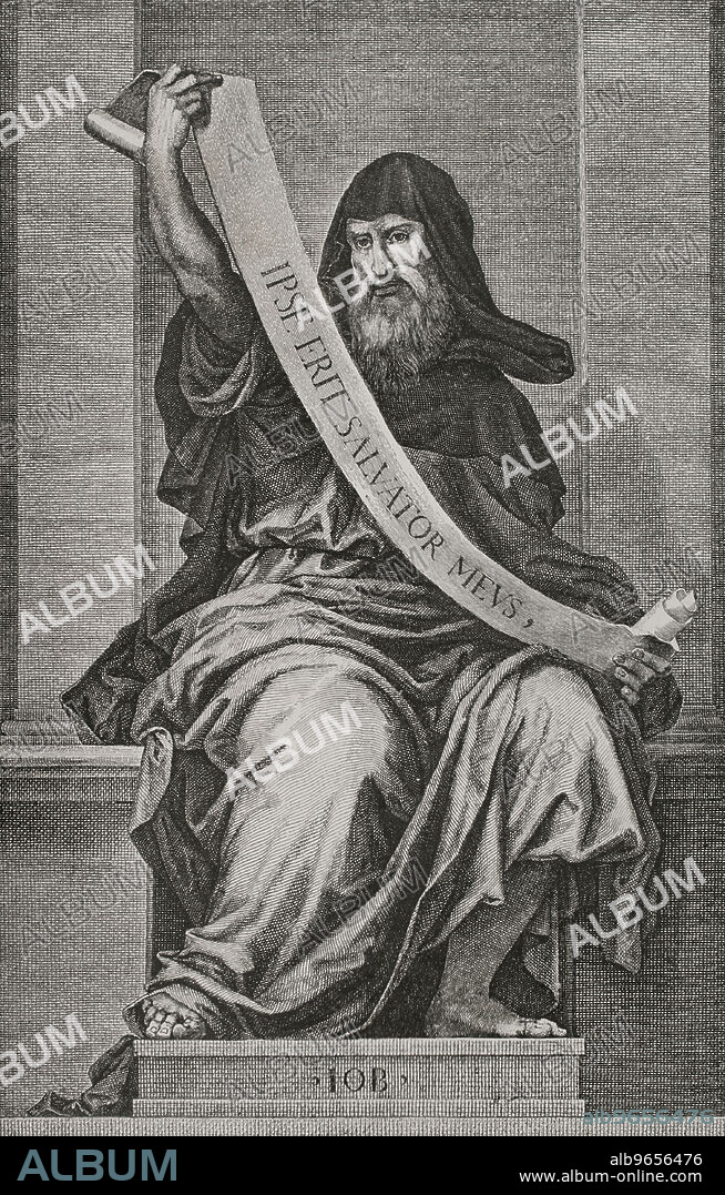 El profeta Job. Personaje bíblico. Antiguo Testamento. Grabado a partir del retrato de Fra Bartolomeo a principios del siglo XVI. "Les Arts au Moyen Age et a l'Epoque de la Renaissance", por Paul Lacroix. París, 1877.