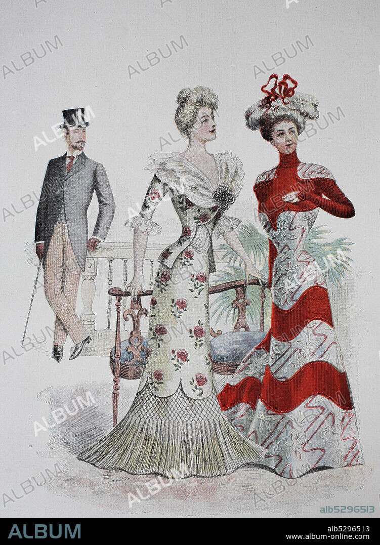 Fashion of Ladies and Gentlemen at Paris in the year 1899,   /  Mode von Damen und Herren in Paris im Jahr 1899, Historisch, digital improved reproduction of an original from the 19th century / digitale Reproduktion einer Originalvorlage aus dem 19. Jahrhundert.