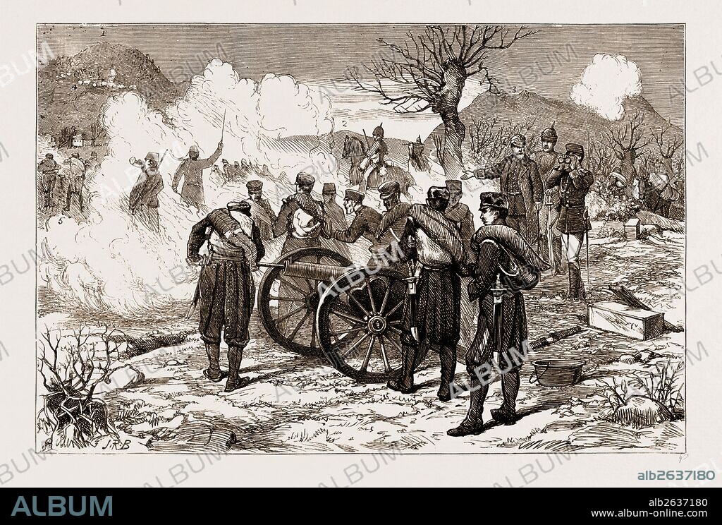 THE CARLIST WAR IN SPAIN, DURING THE BATTLE OF ELGUETA, 1876: 1. Heights of Inchorta. 2. Heights of Campauron. 3. Mountain of Amboto. 4. Carlist Trenches. 5. Battalion of Utrera Advancing. 6. Brigadier Alberris in Command of the Right Wing.