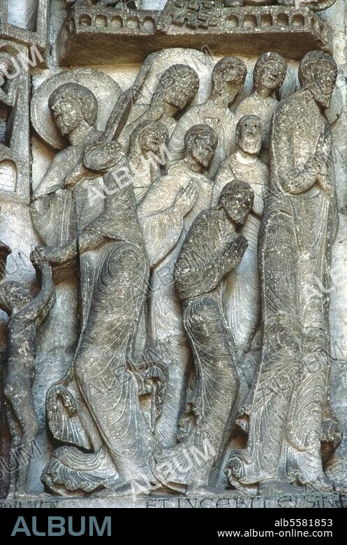 Autun (Saône-et-Loire, Frankreich), Kathedrale - Cathédrale Saint-Lazare, Westportal, Tympanon. Jüngstes Gericht, Ausschnitt: Gruppe der Apostel (links Petrus). Skulptur, um 1140, von Gislebert von Autun.