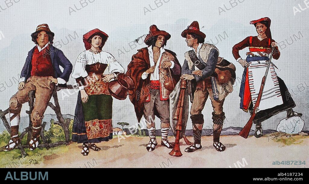 Fashion, clothing in modern-day Italy, the 18th and 19th centuries, from the left, man and woman in the costume of the Campagna near Rome, then a shepherd from the Campagna, a Pifferaro, shepherd, from Calabria and a woman from the Abruzzo, digital improved reproduction from an original from the year 1900.