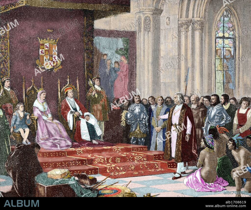 COLON, Cristóbal. "LOS REYES CATOLICOS RECIBEN A COLON EN BARCELONA DESPUES DE SU PRIMER VIAJE". Abril de 1493. Grabado de "El Mundo Ilustrado", realizado por Union (año 1882). Coloreado.