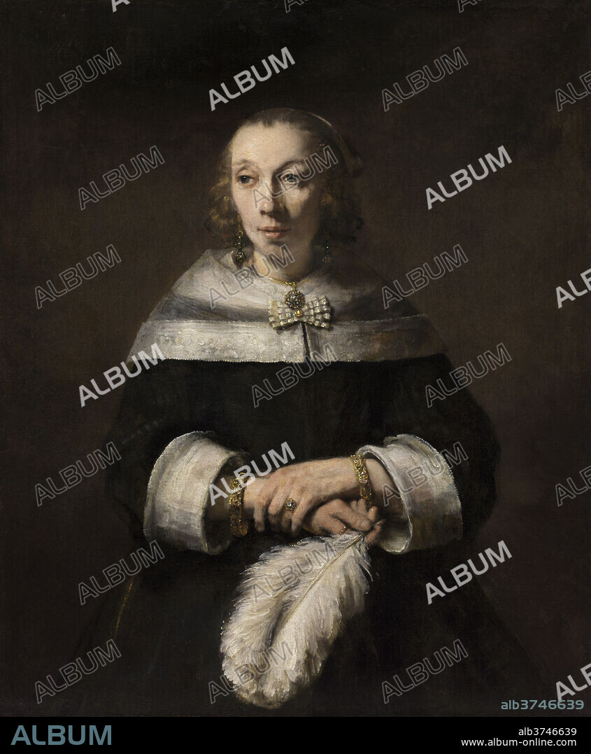 REMBRANDT. Portrait of a Lady with an Ostrich-Feather Fan. Dated: c. 1656/1658. Dimensions: overall: 99.5 x 83 cm (39 3/16 x 32 11/16 in.)  framed: 131.8 x 115.2 cm (51 7/8 x 45 3/8 in.). Medium: oil on canvas transferred to canvas.