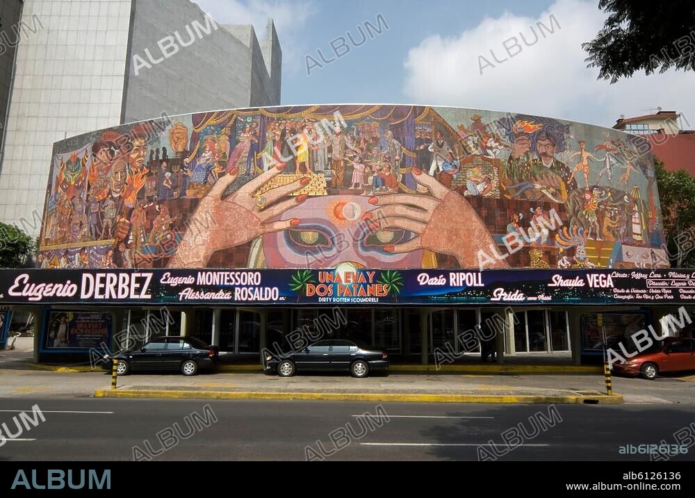 Mexico City (Mexico), Teatro de los Insurgentes (built 1953; architect José María Davila). Mural "La historia del teatro" by Diego Rivera (1886-1957).-Exterior view.-Photo, 2008.