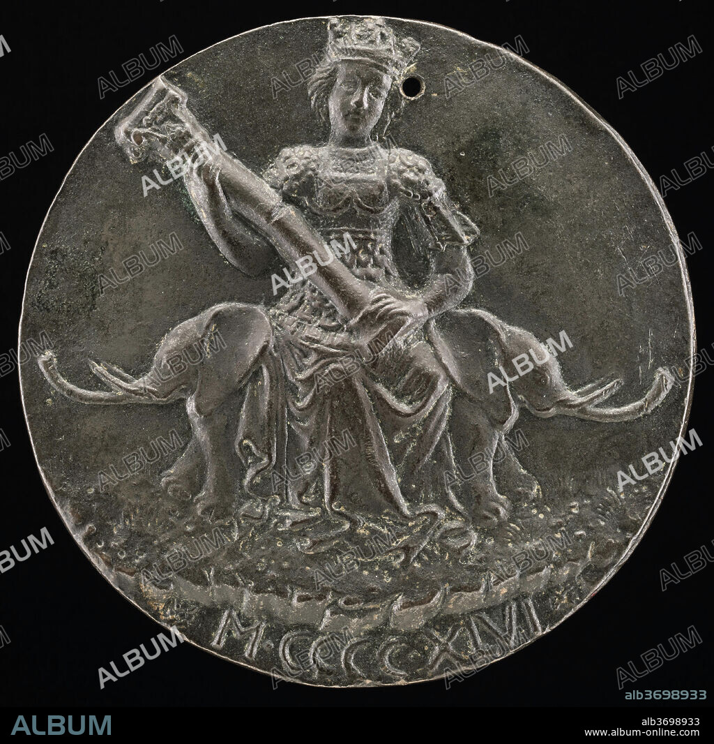 MATTEO DE' PASTI. Fortitude Holding a Broken Column [reverse]. Dated: 1446. Dimensions: overall (diameter): 8.14 cm (3 3/16 in.)  gross weight: 231.44 gr (0.51 lb.)  axis: 12:00. Medium: bronze//Rough cast.