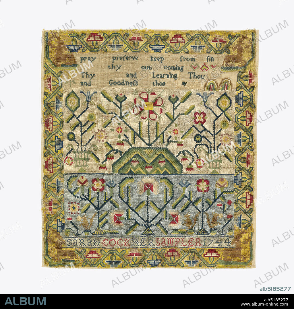 Sampler, Sarah Cook, Medium: silk embroidery on wool Technique: embroidery on plain weave, Four cross borders; one containing verse; two showing floral patterns and squirrels; the inscription 'Sarah Cook, her sampler 1744' surrounded by angular floral border with stags in the corners., England, 1744, embroidery & stitching, Sampler.