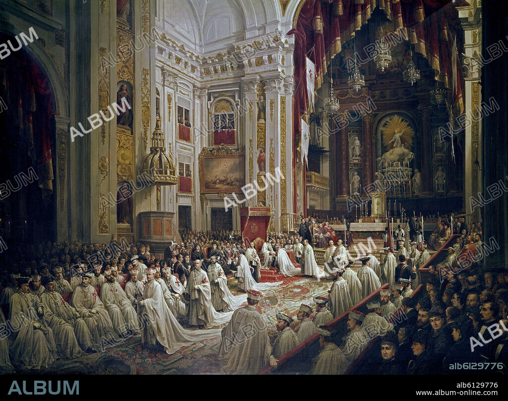 JOAQUIN SIGÜENZA CHAVARRIETA. REUNION DEL GRAN CAPITULO DE LAS ORDENES MILITARES PARA INVESTIR AL REY ALFONSO XII COMO GRAN MAESTRE EL 24/2/1877 - 1885 - L 1,50x2,00 - Nº INV 32.