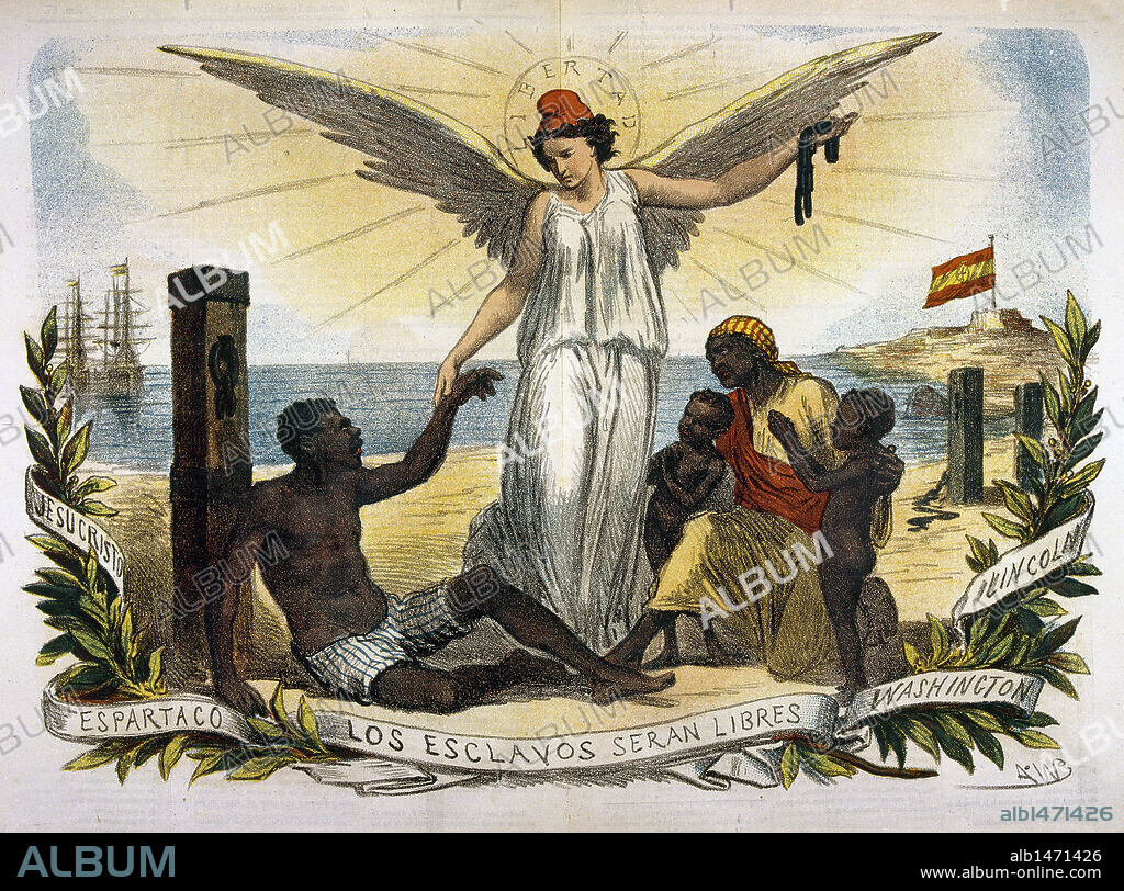 Caricatura editada en el interior de la revista satírica "LA FLACA", donde aparece LA REPUBLICA acompañada de ESCLAVOS. Barcelona. Cataluña.