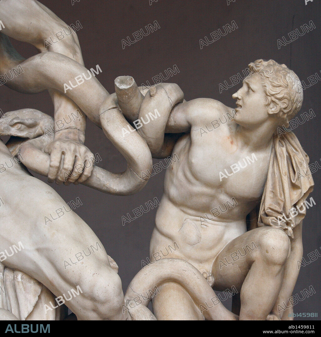 ARTE GRIEGO. EPOCA HELENISTICA. AGESANDRO, POLIDORO Y ATENODORO. Escultores griegos de época helenística de la escuela de Rodas. LAOCOONTE (s. I a. C.). Detalle del escultórico de mármol que representa a Laocoonte (sacerdote troyano) y sus hijos ANTIFATES y TIMBREO. Este predijo la destrucción de Troya por el caballo de madera. Museos Vaticanos. Ciudad del Vaticano.