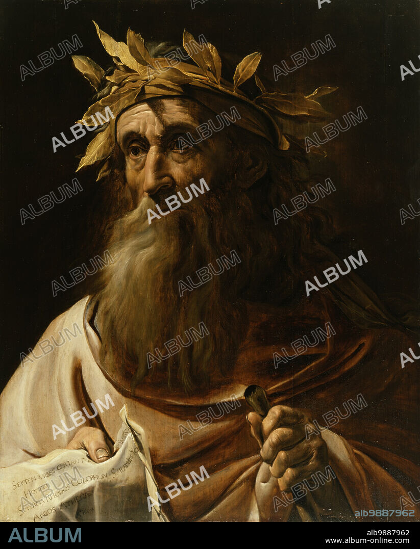 Idealized Portrait of the Poet Homer, 1639. The old man honored by a laurel wreath is Homer, the greatest poet of antiquity, identified by the inscription on the sheet of paper with the names of the cities that claimed Homer as a native. This imaginary portrait (no one knows what he looked like) is not so much a celebration of the author of the early Greek epic poems- The Iliad and The Odyssey- but of the fame that a poet could achieve.