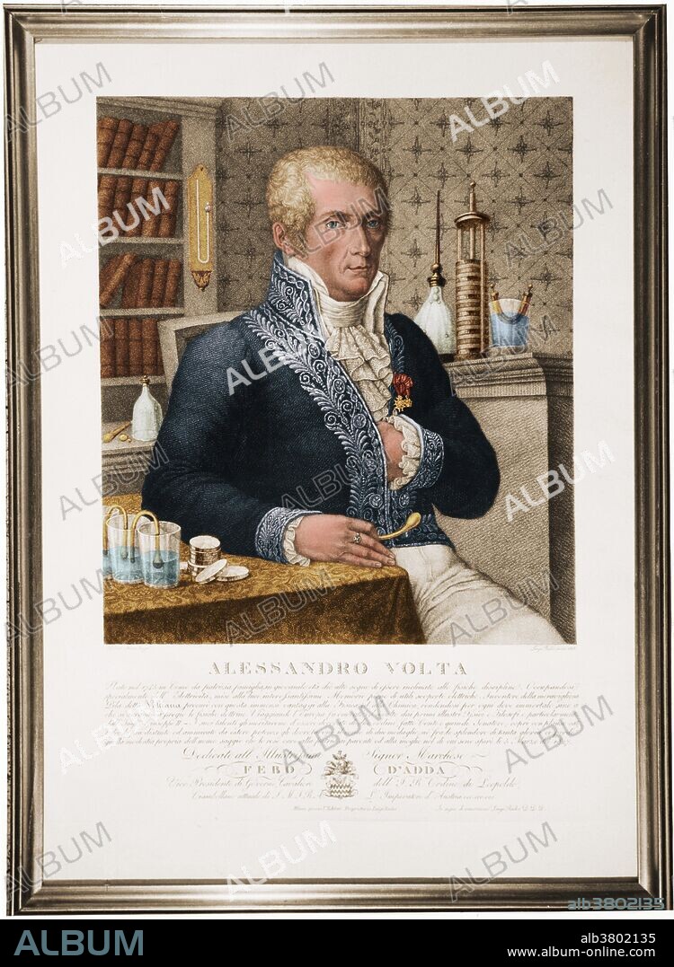 Alessandro Volta (February 18, 1745 - March 5, 1827) was an Italian physicist. He became interested in electricity in 1786 after seeing the work of Galvani. Volta was the first to show that an electrical current flowed when two dissimilar metals were brought into contact. In 1779 he became a professor of experimental physics at the University of Pavia, a chair that he occupied for almost 40 years. In 1800 he constructed a device which used this effect to produce a large flow of electricity. Bowls of salt solution were connected together by metal strips, each composed of copper at one end and tin or zinc at the other, and a current was produced. A compact version of this, using a stack of discs of copper, zinc and cardboard moistened with salt solution, was shown to Napoleon in 1801. Upon presenting his invention, he was awarded the medal of the Legion of Honor and made a count. He died in 1827 just after his 82nd birthday. The unit of electrical potential, the volt (V), is named after him.