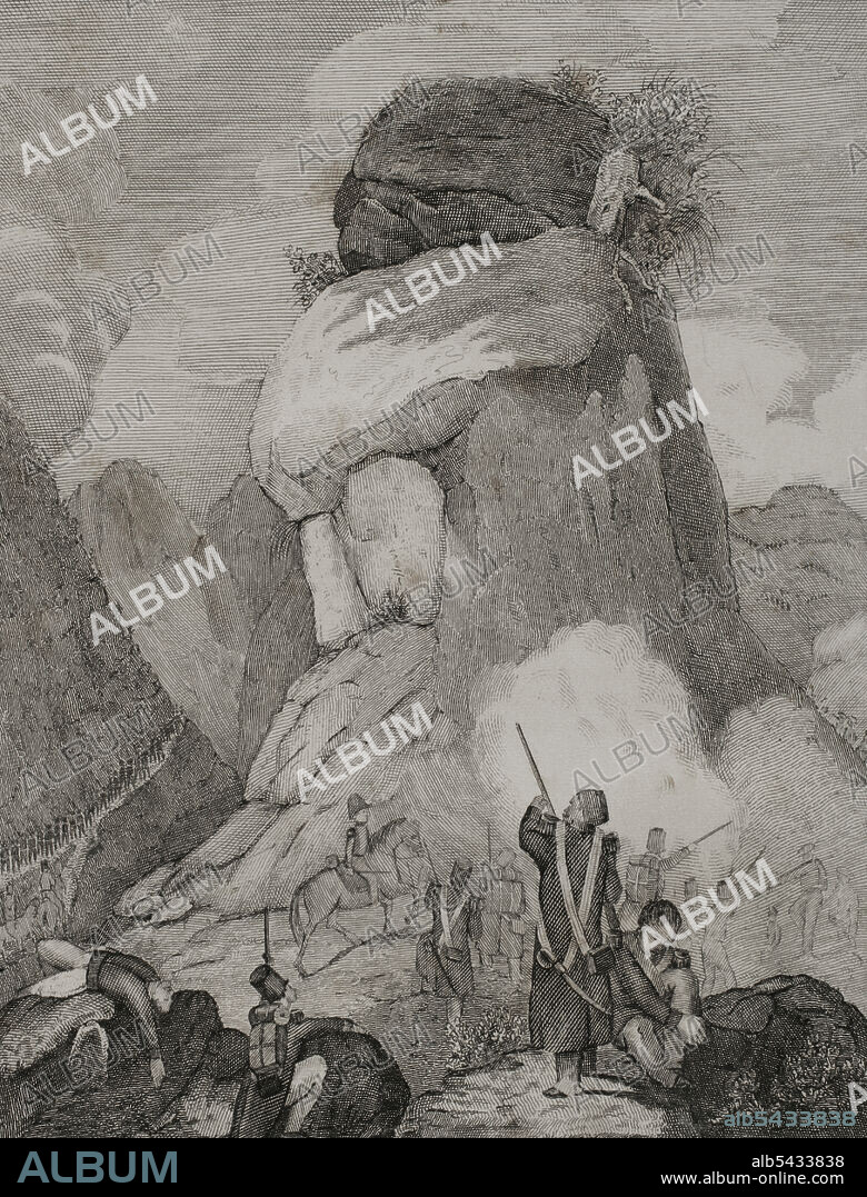 FRANCISCO SAINZ (1823-1853). SPANISH ARTIST. CAMILO ALABERN (1825-1876). SPANISH ENGRAVER.. Historia de España. Navarra. Primera Guerra Carlista (1833-1840). Acción en el valle de las Améscoas (19 al 24 de abril de 1835), guarida del carlista Zumalacárregui. Las tropas liberales del general Valdés tuvieron muchas dificultades para atravesar los puertos de Eulate y Aranache en su ruta hacia Urbasa y Estella. Ilustración por Sainz. Grabado por Alabern. Panorama Español, Crónica Contemporánea. Tomo III. Madrid, 1845.
