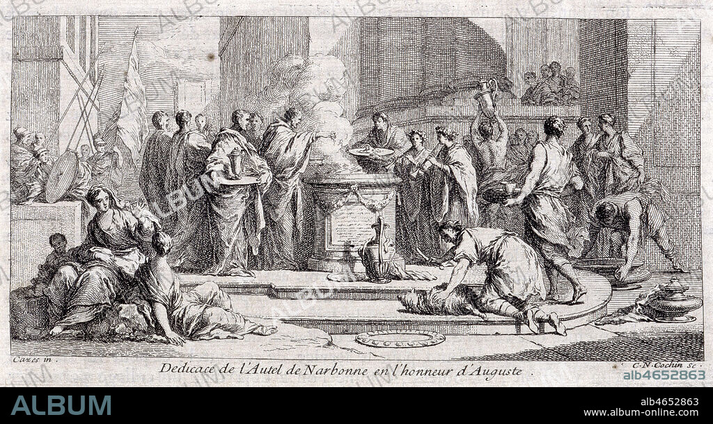 'Dedicace de l'Autel de Narbonne en l'honneur d'Auguste en 401' Illustration de Cazes in Histoire Generale du Languedoc de DEVIC et VAISSETE, de 1780. Credit: Collection KHARBINE-TAPABOR.