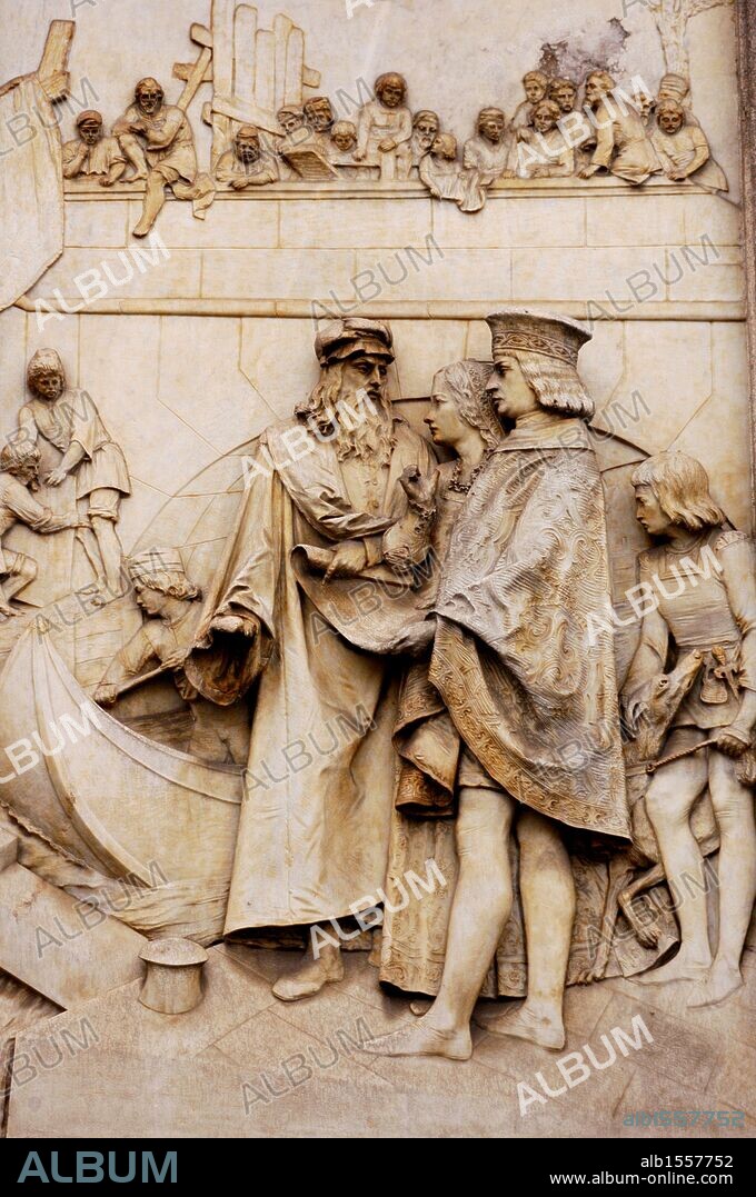 VINCI, Leonardo da (Vinci, 1452-Clos Lucé, 1519). Pintor, arquitecto, escultor, ingeniero y sabio italiano. Detalle de uno de los relieves del monumento dedicado al artista italiano. Piazza de la Scala. Milán. Italia.