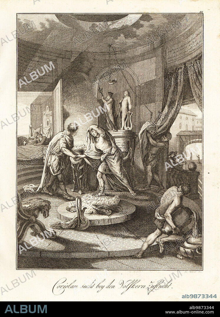 Roman general Gnaeus Marcius Coriolanus in disguise entering the house of the Volscian leader Attius Tullus Aufidius, 5th Century BC. Coriolan se retire chez les Volsques. Copperplate engraving by David Weis after a design by Gabriel de St. Aubin from Professor Joseph Rudolf Zappes Gemalde aus der romischen Geschichte, Pictures of Roman History, Joseph Schalbacher, Vienna, 1800. German edition of Abbe Claude Francois Xavier Millots Abrege de lHistoire Romaine.