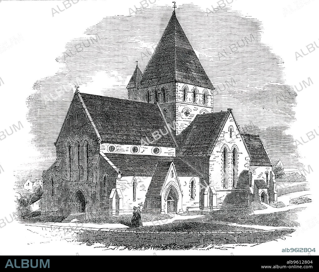 New Church of St. Ann, in the Isle of Alderney, 1850. Church in the Channel Islands, built through '...the munificence of one individual, the Rev. John Le Mesurier, only son of the late General Le Mesurier, formerly hereditary Governor of the island...The new Church is dedicated to St. Ann, and is built with stone from the island quarries, with Caen-stone finishings. It is in the early pointed style, and cruciform in plan...It is warmed by a hot-air apparatus erected by Messrs. Wilder and Sons, Yield Hall Foundry, Reading...Mr. [George Gilbert] Scott, of Spring-gardens, London, was the architect of the Church, which was erected under the direction of Judge Gaudion'. From "Illustrated London News", 1850.