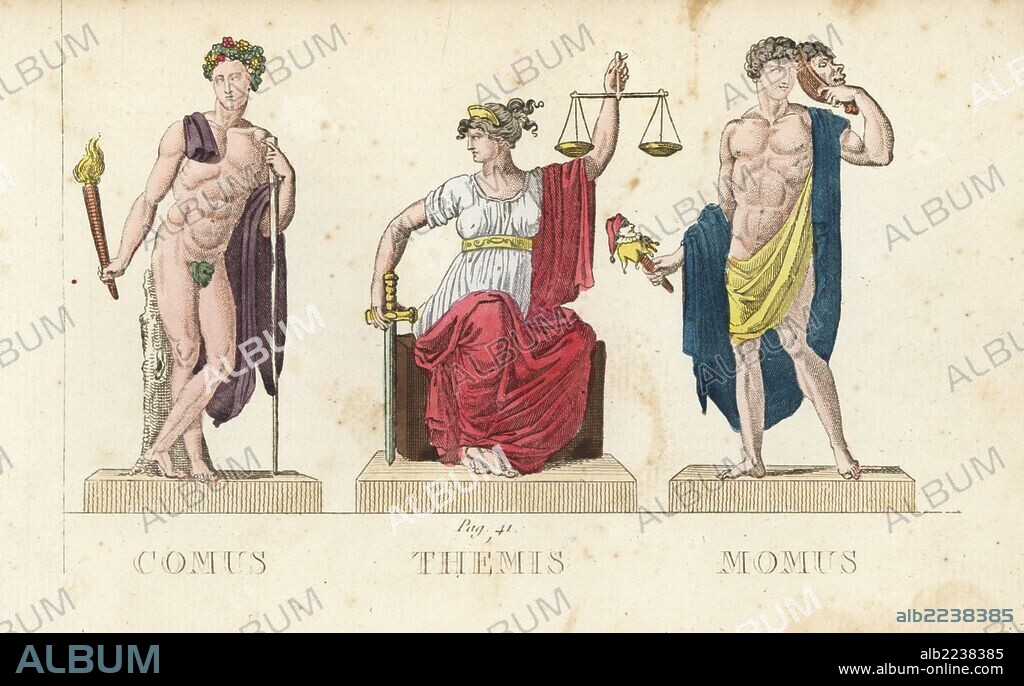 Comus, Themis and Momus, Greek gods of festivity, divine law and satire. Handcoloured copperplate engraving engraved by Jacques Louis Constant Lacerf after illustrations by Leonard Defraine from "La Mythologie en Estampes" (Mythology in Prints, or Figures of Fabled Gods), Chez P. Blanchard, Paris, c.1820.
