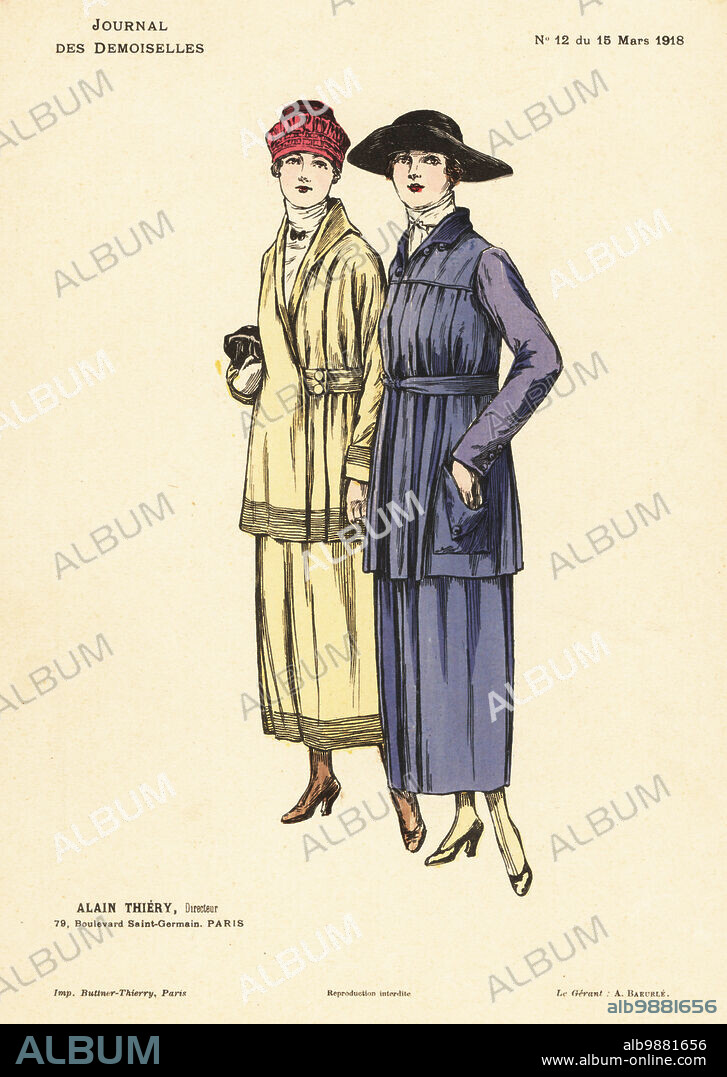 Two fashionable women on a winter stroll, WWI. They wear hats, wide-belt coats over matching dresses, gloves and purse. Handcoloured lithograph by Fattorini & Crespin from Alain Thierys fashion magazine Journal des Demoiselles, 79 Boulevard Saint-Germain, Paris, France, March 15, 1918.