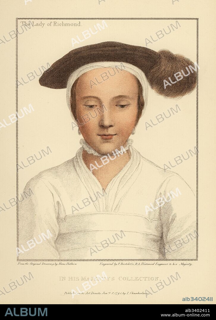 Mary, Lady of Richmond, daughter of Thomas Howard, 3rd Duke of Norfolk. Later Mary FitzRoy, Duchess of Richmond and Somerset, wife of Henry VIII's illegitimate son Henry Fitzroy. Handcoloured copperplate engraving by Francis Bartolozzi after Hans Holbein from Facsimiles of Original Drawings by Hans Holbein, Hamilton, Adams, London, 1884.